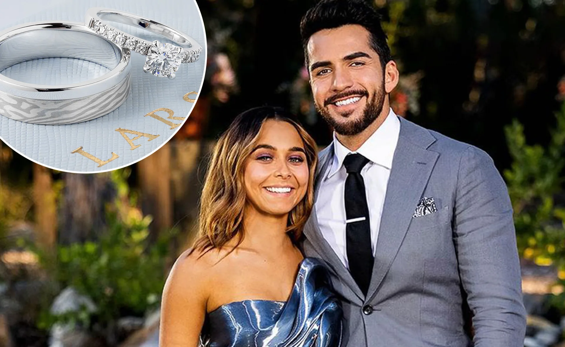 Couple smiling in formal attire with inset of a diamond engagement ring and silver band.
