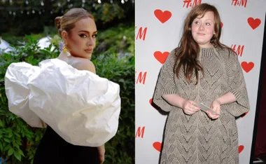 Adele's weight loss transformation: elegant with an updo outdoors; earlier photo in a gray patterned outfit at an event.