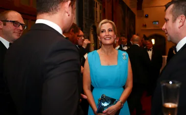 In a sea of black, Sophie, Countess of Wessex’s bright blue dress stood out from the crowd at her latest royal event