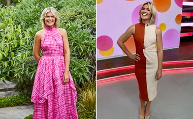 Sarah Harris in pink dress outdoors and in orange-beige dress indoors, smiling in both settings.