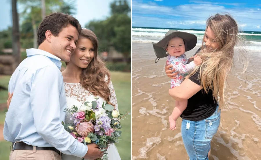 Wedding couple smiling with bouquet; Woman holding a baby at the beach.