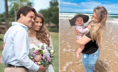 Wedding couple smiling with bouquet; Woman holding a baby at the beach.