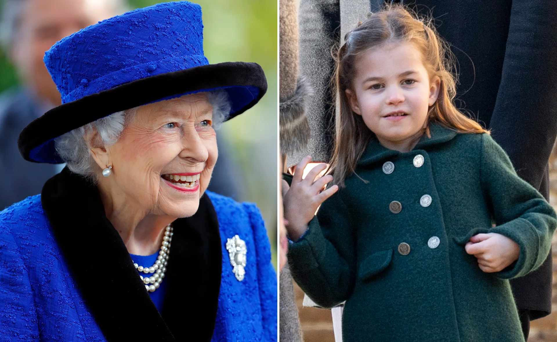 Two-pane image: Elderly woman in blue outfit smiling; young girl in green coat standing outdoors.