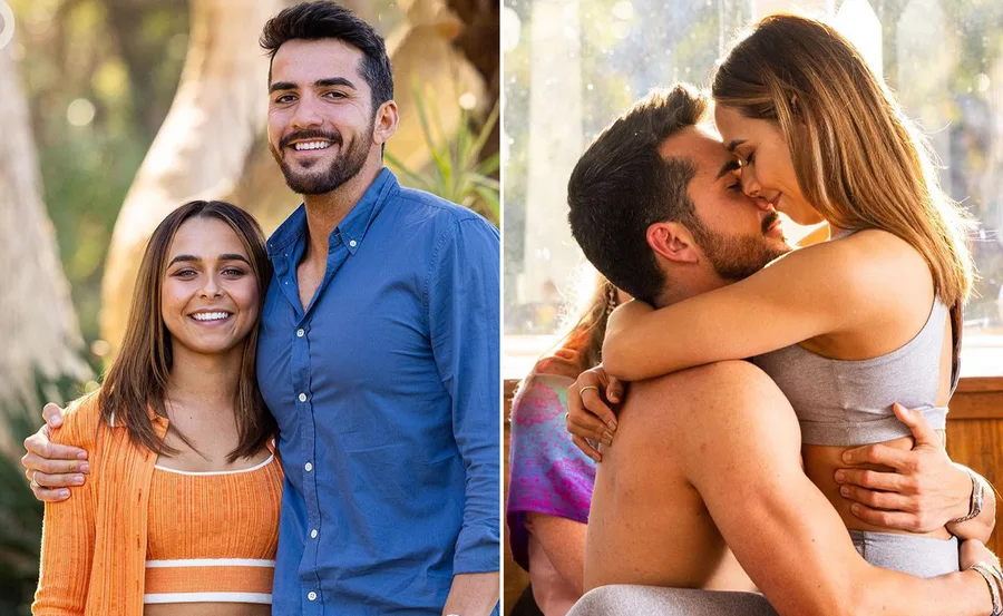 A couple smiling outdoors and embracing indoors, both looking happy and affectionate.
