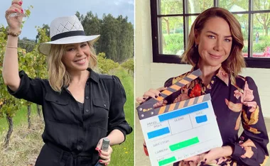 Kylie Minogue holding a drink in a vineyard; Kate Ritchie holding a clapperboard indoors.