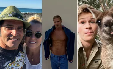 "Three-part image: smiling couple at beach, man posing in jacket and jeans, person taking selfie with a kangaroo."