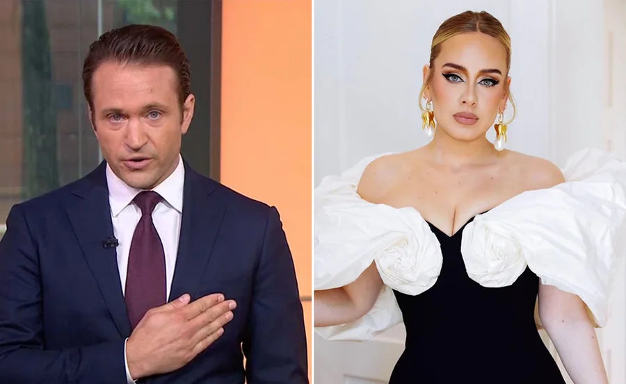 TV presenter apologizing beside a glamorous woman in a black dress with white floral sleeves.