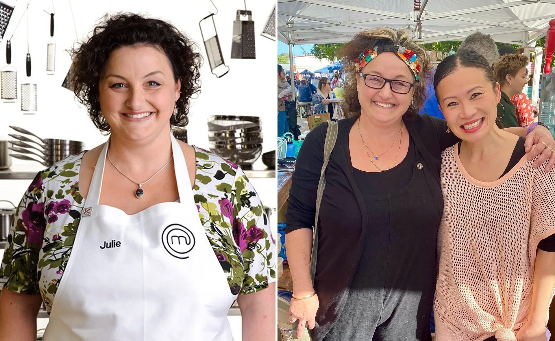 "Julie Goodwin in MasterChef apron and smiling with a friend at a market."