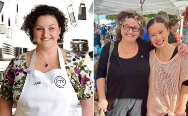 "Julie Goodwin in MasterChef apron and smiling with a friend at a market."