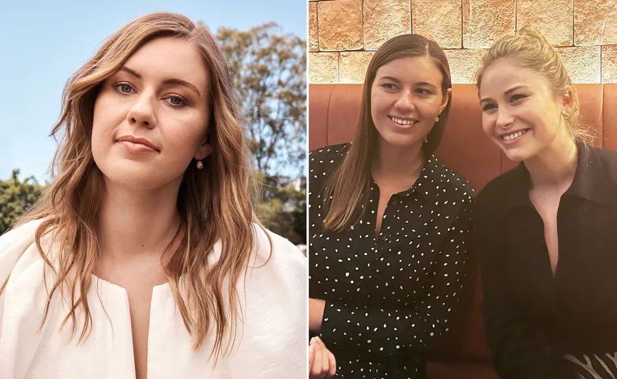 A woman outdoors with loose hair; two women smiling seated indoors.