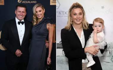 "Two images: A smiling couple on the left, a woman holding a child on the right."