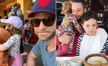 Man with beard and sunglasses at a showbag stand; another scene of him hugging kids at a restaurant table.