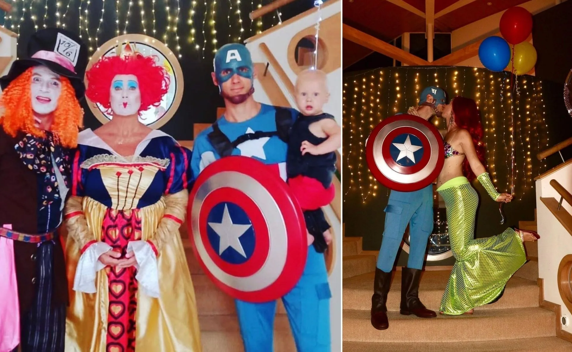 Guests in Disney-themed costumes, including Mad Hatter, Queen of Hearts, Captain America, and a mermaid, at a party.