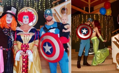 Guests in Disney-themed costumes, including Mad Hatter, Queen of Hearts, Captain America, and a mermaid, at a party.