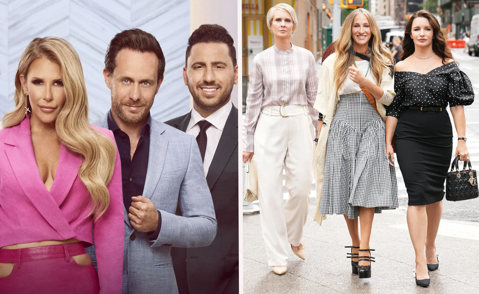 "Cast members of 'Selling Sunset' and 'And Just Like That' pose stylishly, promoting their respective shows."