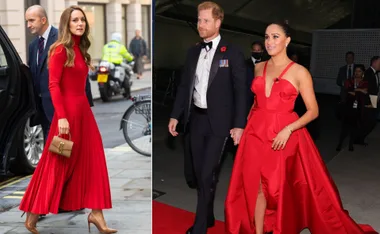"Two women in elegant red dresses; one outdoors with a bag, the other walking hand-in-hand with a man in formal attire."