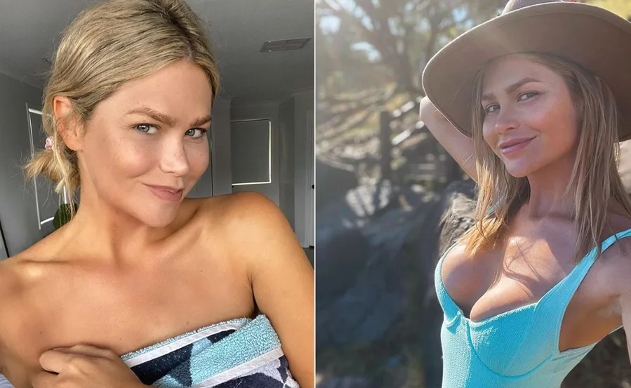 Two side-by-side images of a woman, one indoors in a towel, the other outdoors in a hat and swimsuit.