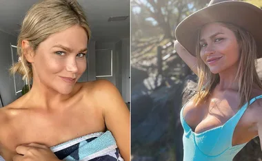 Two side-by-side images of a woman, one indoors in a towel, the other outdoors in a hat and swimsuit.