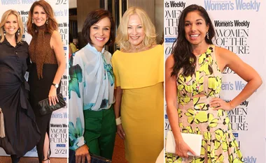 Three women posing elegantly at the Women of the Future event, each dressed in chic and colorful outfits.