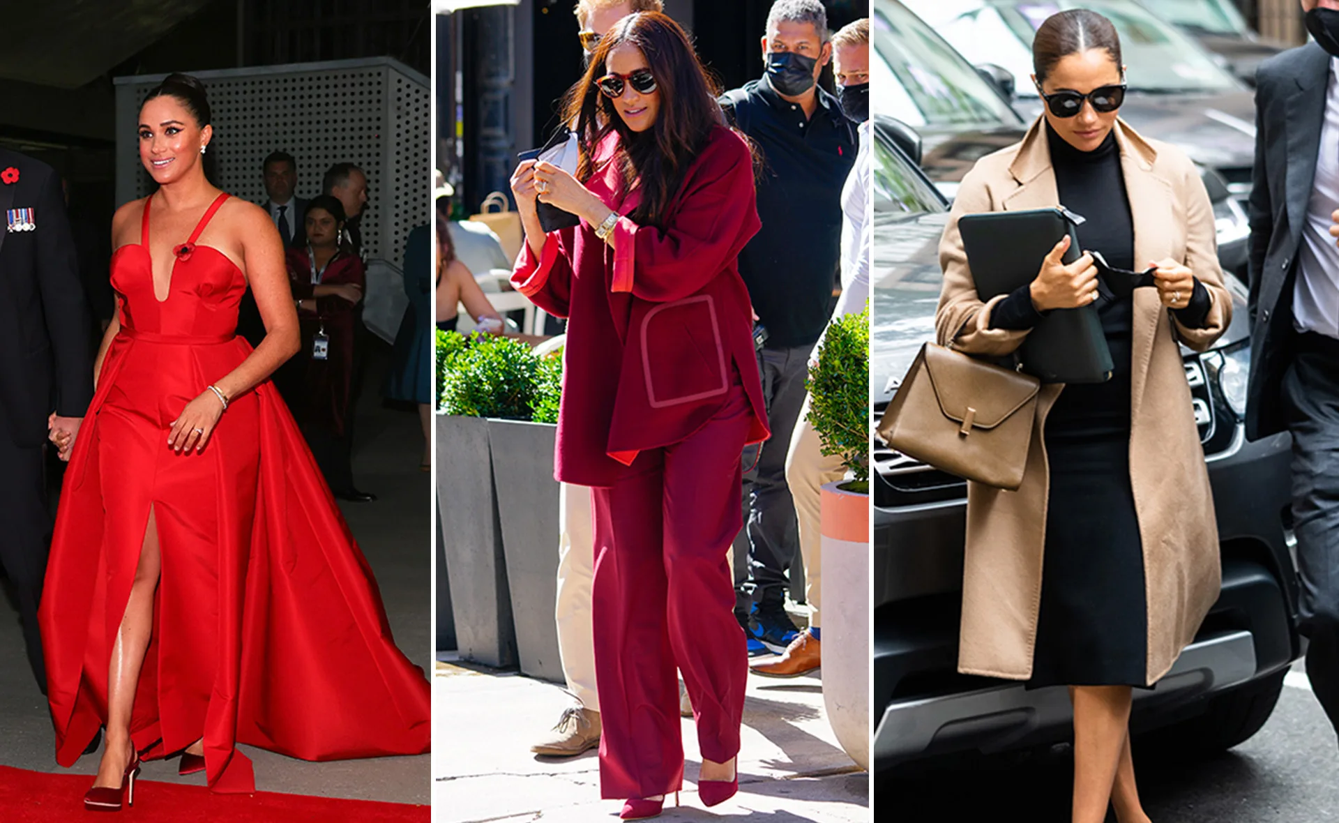 A person wearing three different stylish outfits: a red gown, a red suit, and a black dress with tan coat.