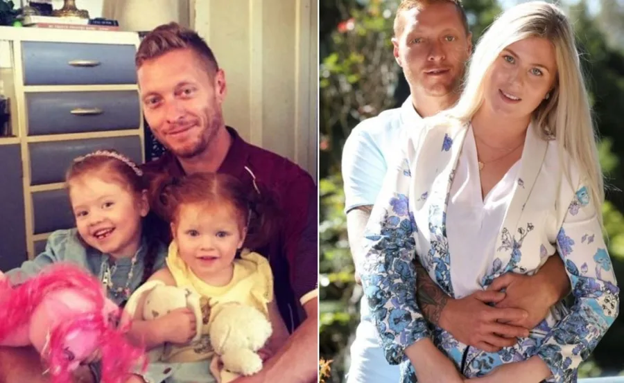 Man with two young girls in one photo; man hugging a woman in another.