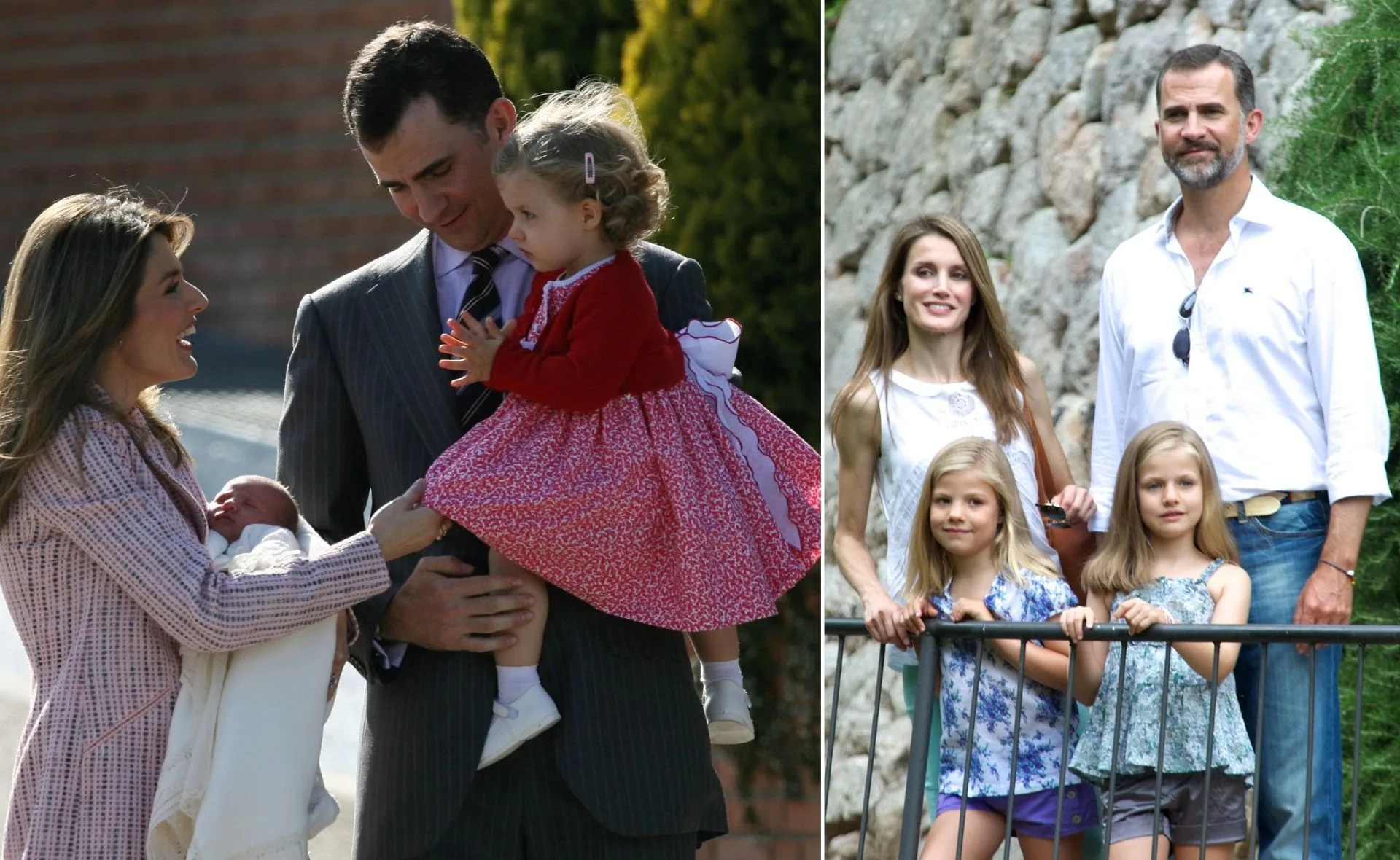 "Two images of a family: one with a baby and child, the other with two young girls outdoors."