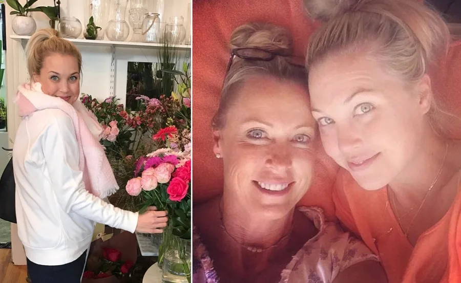 A woman arranges flowers; next, two women smile closely for a selfie.