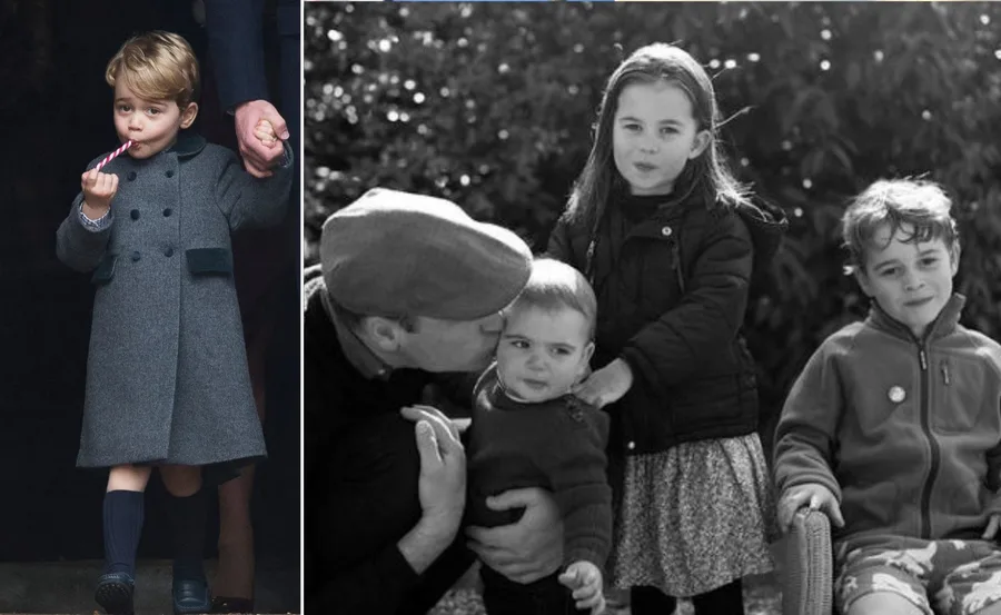 A child in a coat holds a candy cane; another image shows three children with an adult, one giving a kiss.