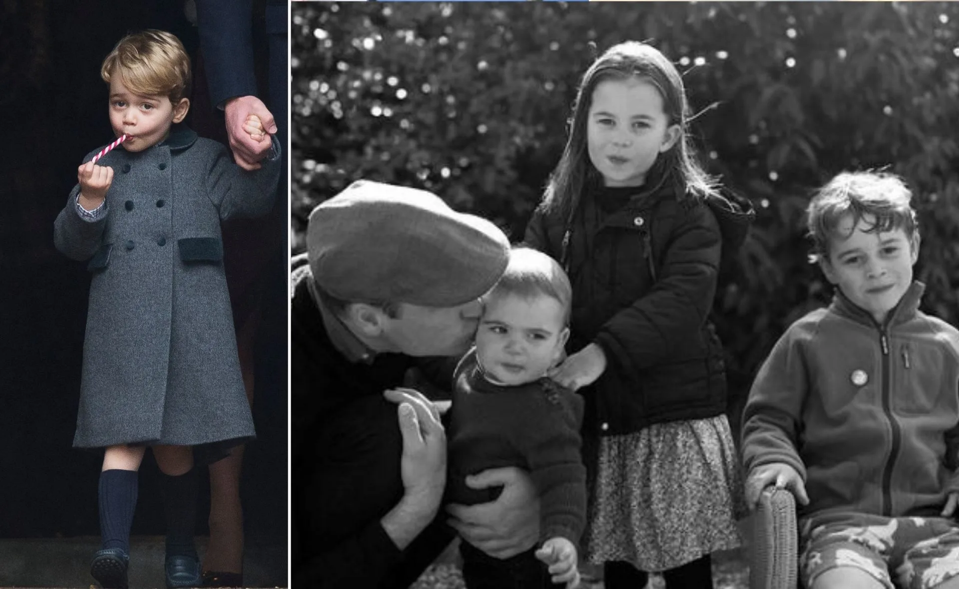A child in a coat holds a candy cane; another image shows three children with an adult, one giving a kiss.