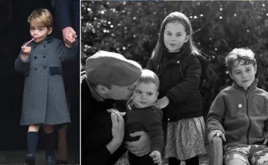 A child in a coat holds a candy cane; another image shows three children with an adult, one giving a kiss.