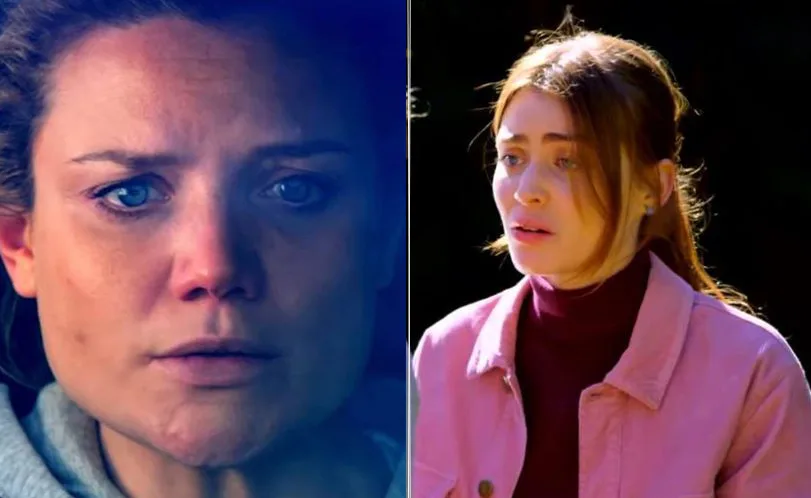 Two concerned women from "Home and Away" appear in separate frames, one is teary-eyed, and the other looks surprised.