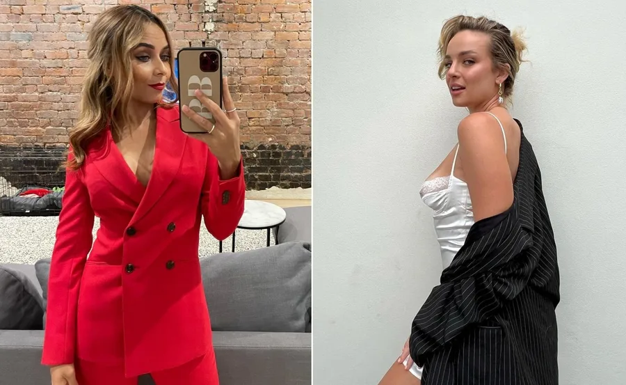 Two women pose stylishly: one in a red suit taking a selfie, and the other in a white dress with a striped blazer.