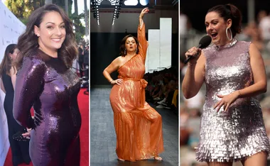 Celeste Barber in three outfits: purple on red carpet, orange on runway, and silver sequin dress performing on stage.