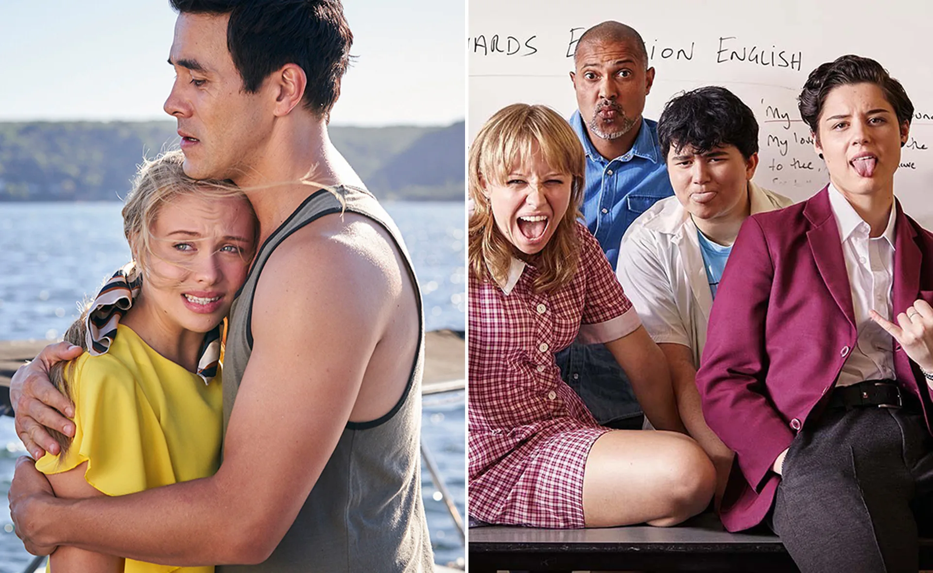 "Split image: left shows a worried girl hugging a man by water; right shows four people posing humorously in a classroom."