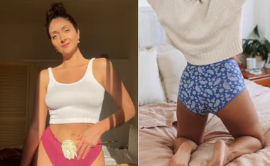 Two women in period underwear; left with a white top and rose, right kneeling in blue patterned underwear.