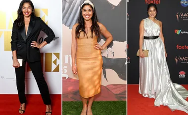 Sarah Roberts in three stylish outfits: a black suit, an orange dress, and a silver gown, on red carpet events.