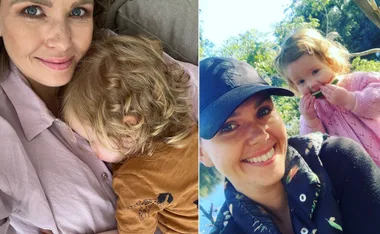 A woman smiles while a child naps on her; another image shows a woman and a child with watermelon outdoors.