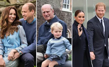 Royal family members in candid moments: a couple seated, child with elder relative, and a couple walking, waving.