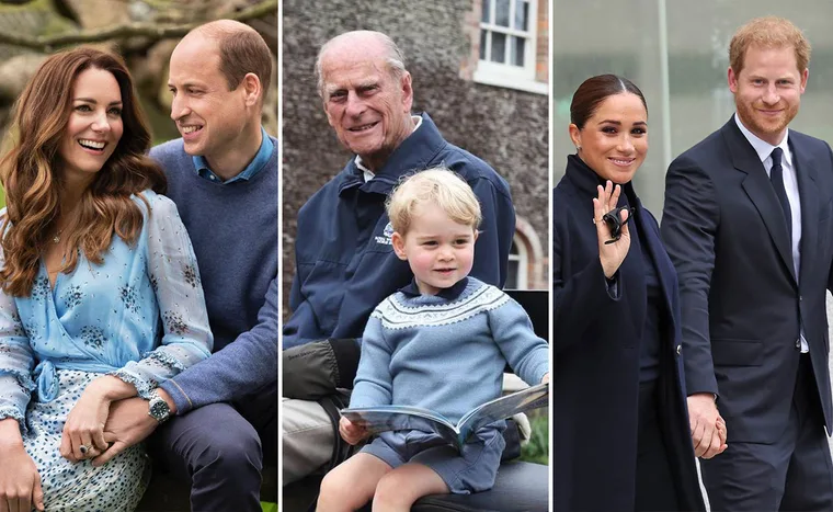 Royal family members in candid moments: a couple seated, child with elder relative, and a couple walking, waving.