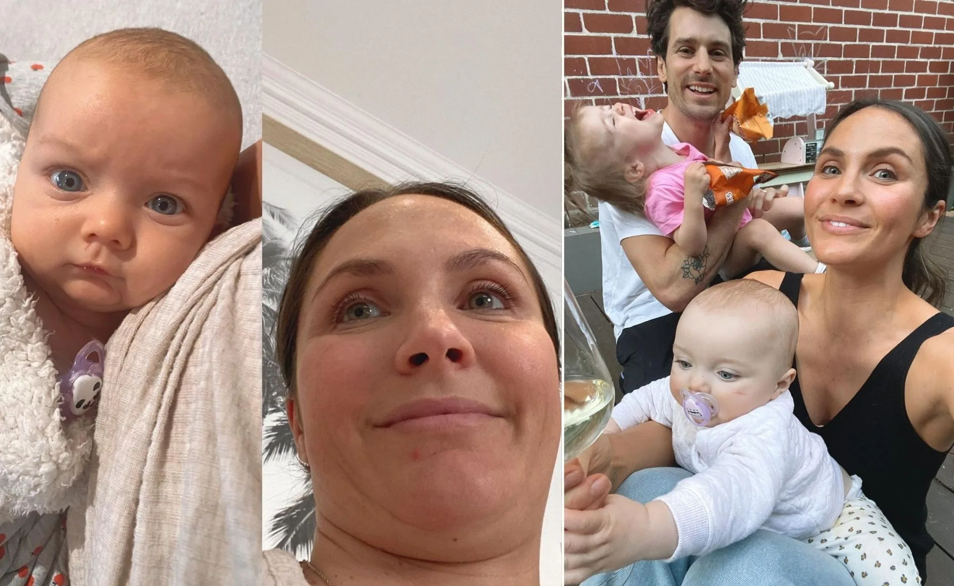 Family collage featuring an infant wrapped in a blanket, a woman smiling close-up, and a family selfie outdoors.