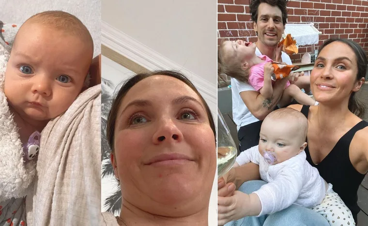 Family collage featuring an infant wrapped in a blanket, a woman smiling close-up, and a family selfie outdoors.