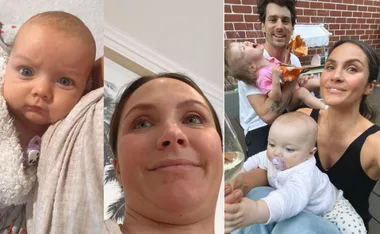 Family collage featuring an infant wrapped in a blanket, a woman smiling close-up, and a family selfie outdoors.