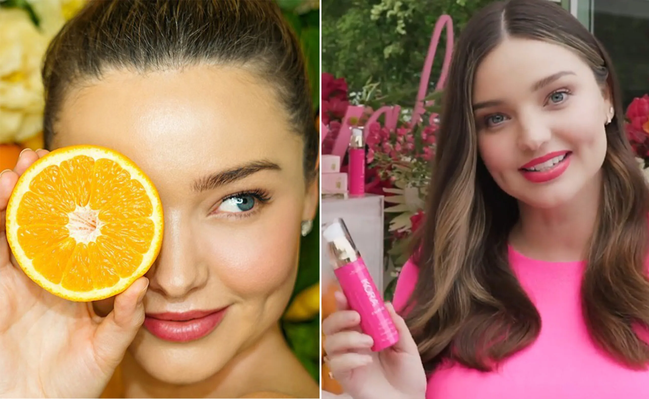 Close-up of a woman holding an orange slice to her face and another holding a pink skincare product, smiling brightly.