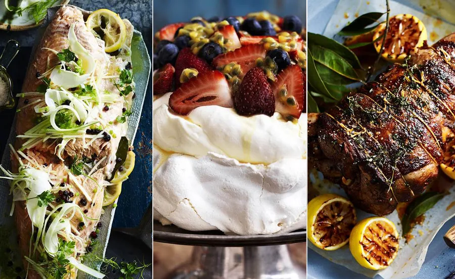 A trio of Christmas dishes: baked fish with herbs, pavlova with berries, and roast meat with grilled lemons.