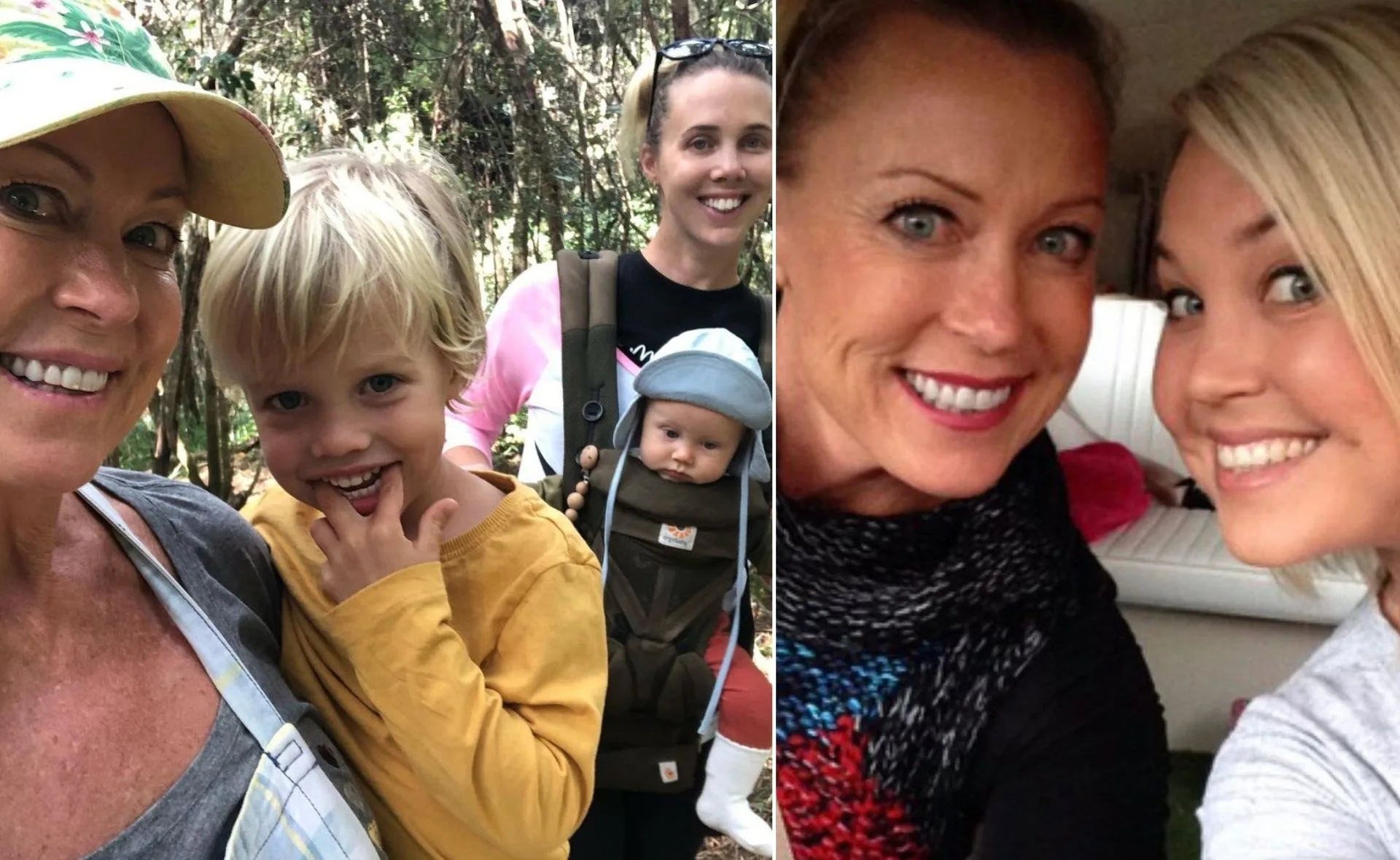 "Two women with children outdoors, one in baby carrier; two women smiling in car selfie."