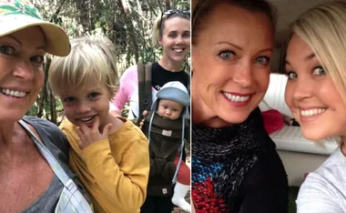 "Two women with children outdoors, one in baby carrier; two women smiling in car selfie."