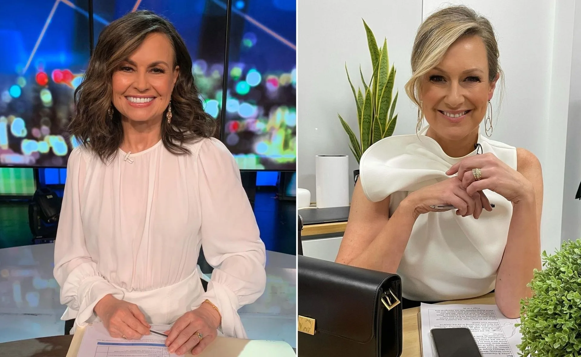 Two women in elegant white outfits sitting, with a blurred studio background on the left and plants on the right.