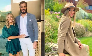 Couple smiling and posing together outdoors; woman sitting alone in a garden wearing a hat and coat.