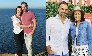 Couple by the sea on left; same couple at an event with greenery backdrop on right, both smiling.