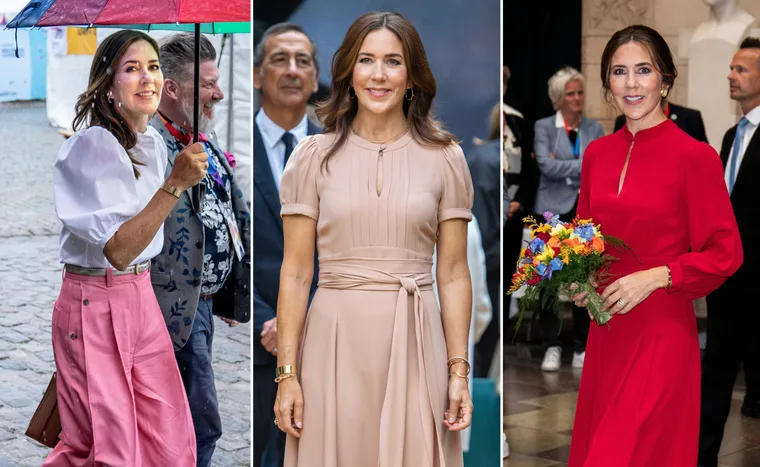 "Princess Mary in a series of elegant outfits: pink skirt with umbrella, beige dress, and red dress with flowers."